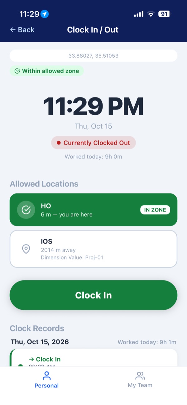 Index HR geofenced clock-in screen showing the employee is inside the allowed zone
