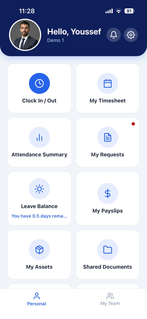 Index HR mobile app home screen with clock-in, timesheet, leave balance, payslips and assets