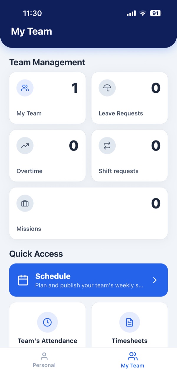 Index HR manager view with team approvals, overtime and missions