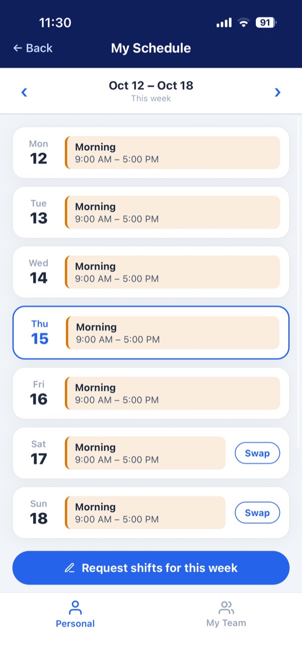 Index HR weekly shift schedule with shift swap requests