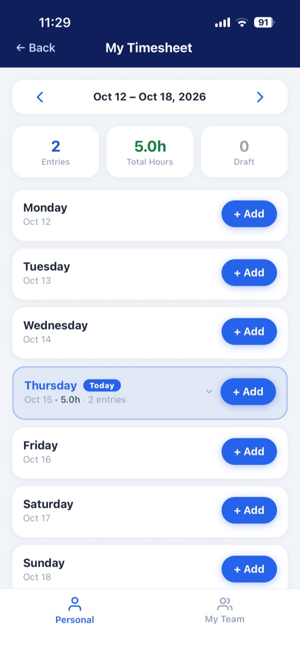 Index HR weekly timesheet entry on mobile