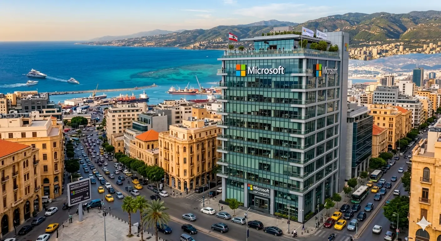 An aerial, golden hour view of the modern, glass Microsoft office building and the vibrant coastline of Beirut, Lebanon.