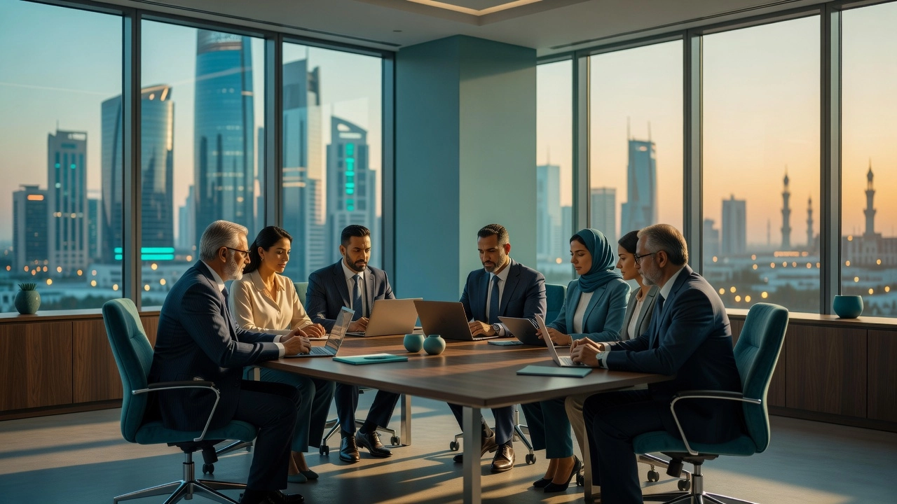 Professional header image for informative article: A modern office in the Middle East with floor-to-ceiling ...