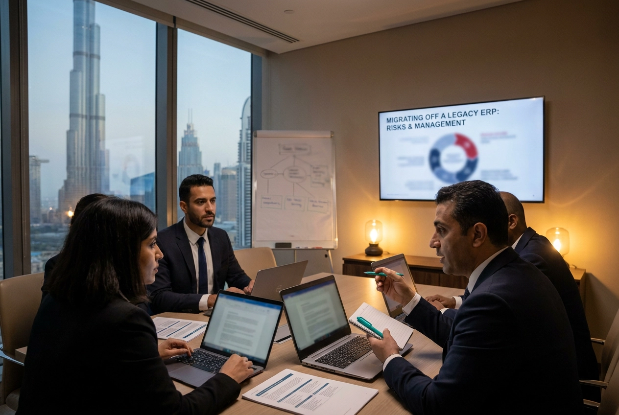 Professional header image for industry analysis: Migrating Off a Legacy ERP in the UAE: The Risks Nobody W...