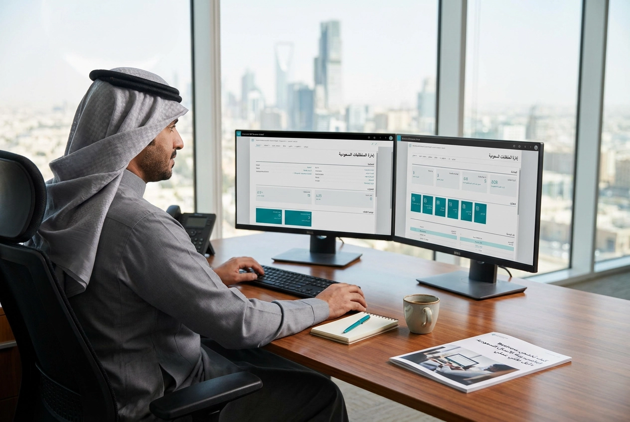 Professional header image for educational tutorial: كيف يُخصَّص Business Central ليناسب بيئة الأعمال السعودية...